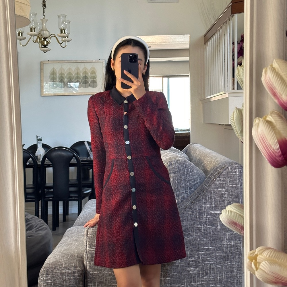 Maje red tweed long sleeve dress, long jacket